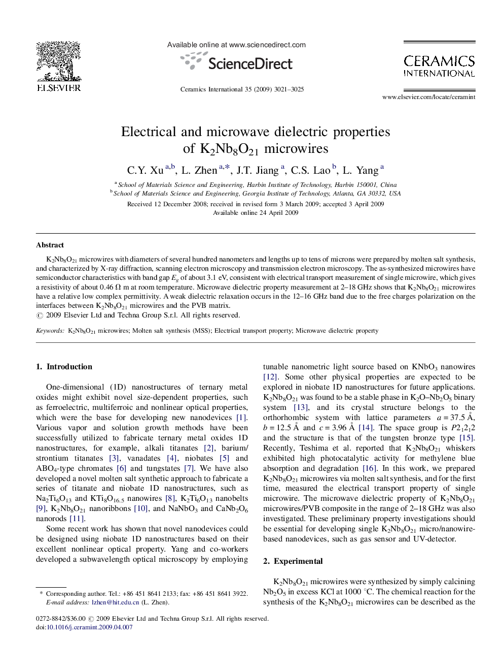 Electrical and microwave dielectric properties of K2Nb8O21 microwires