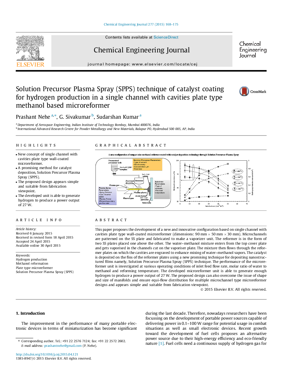 Solution Precursor Plasma Spray (SPPS) technique of catalyst coating for hydrogen production in a single channel with cavities plate type methanol based microreformer