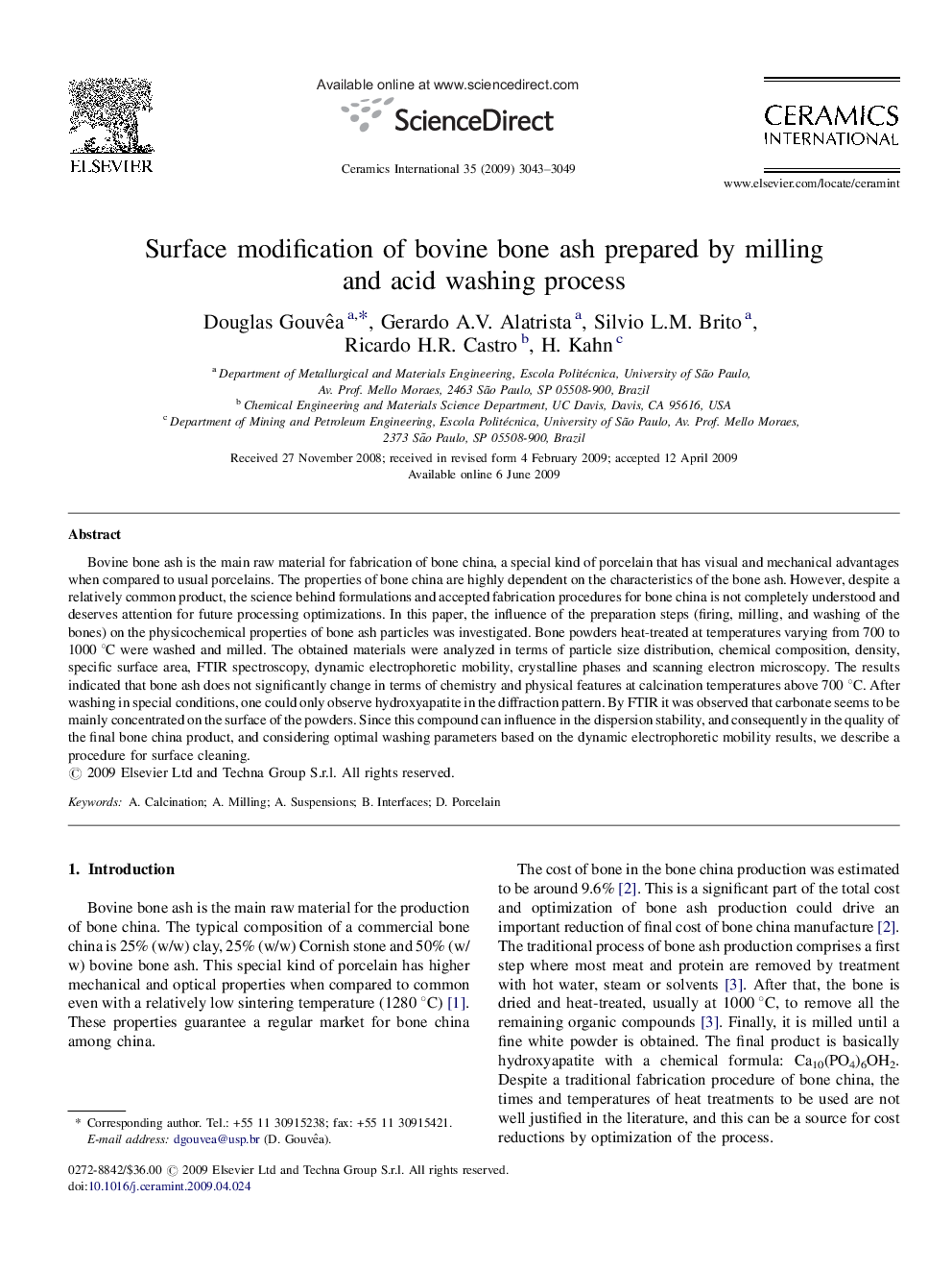 Surface modification of bovine bone ash prepared by milling and acid washing process