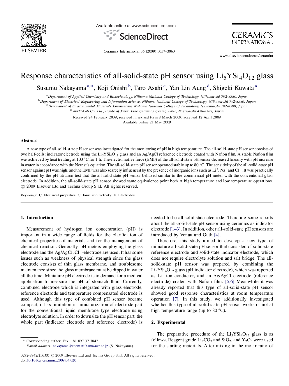 Response characteristics of all-solid-state pH sensor using Li5YSi4O12 glass