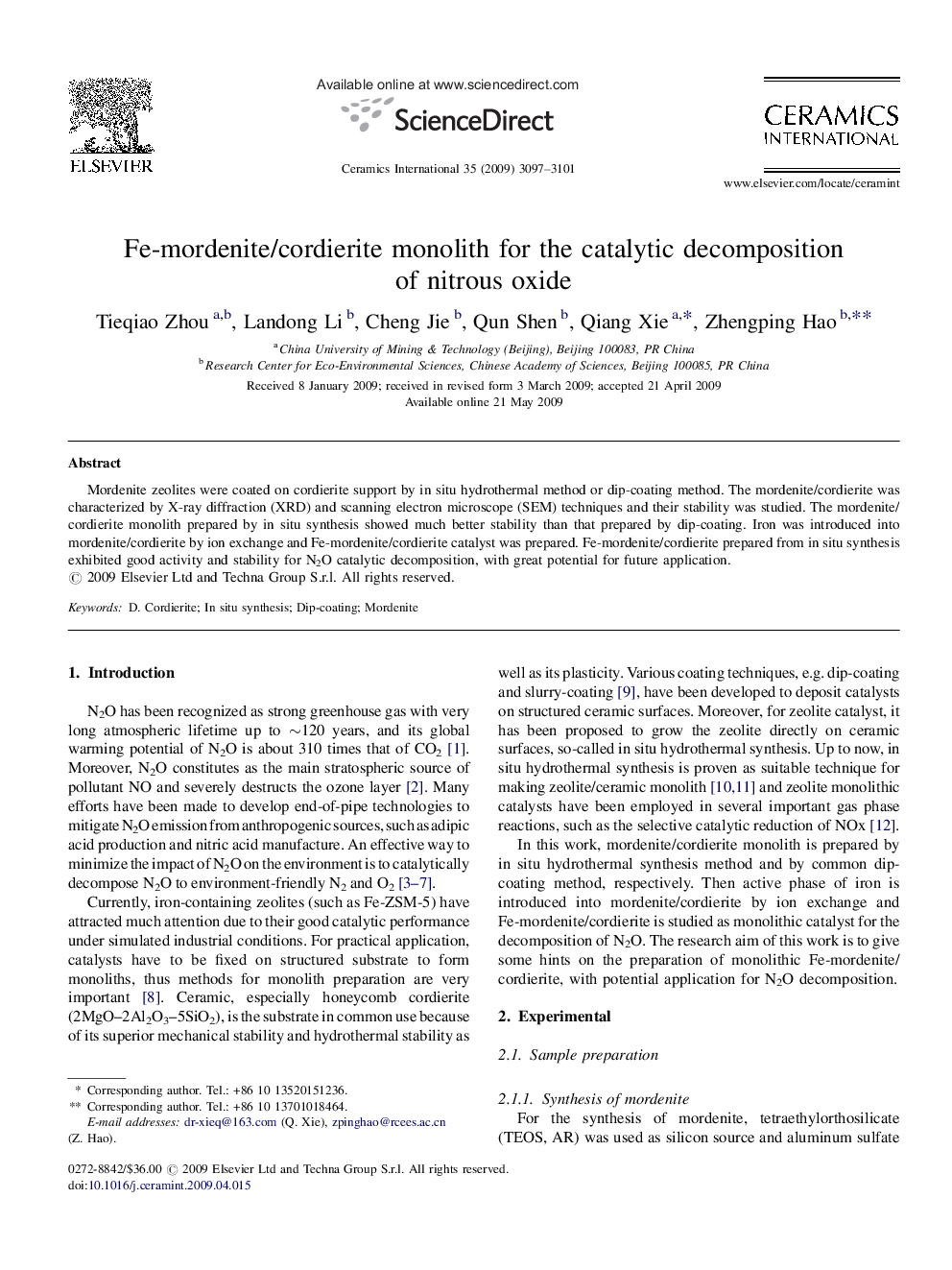 Fe-mordenite/cordierite monolith for the catalytic decomposition of nitrous oxide