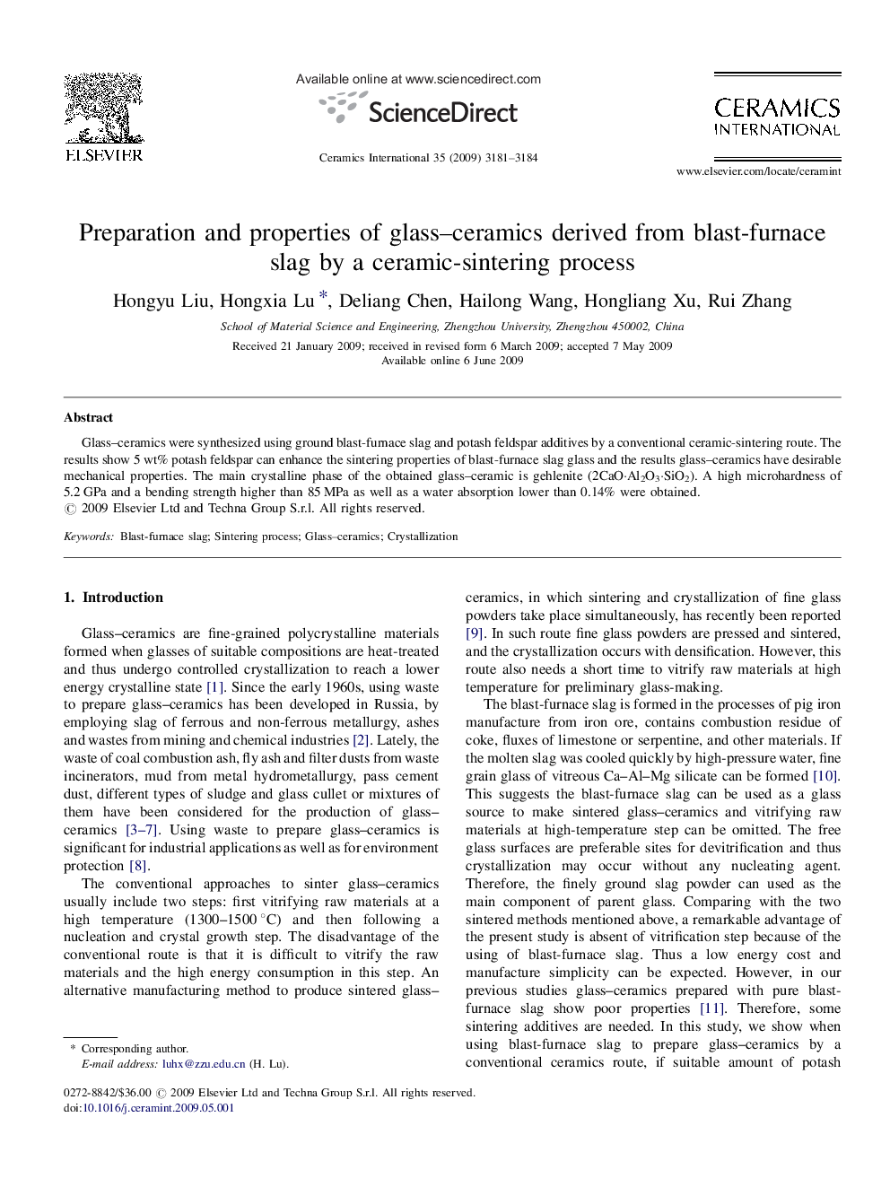 Preparation and properties of glass–ceramics derived from blast-furnace slag by a ceramic-sintering process