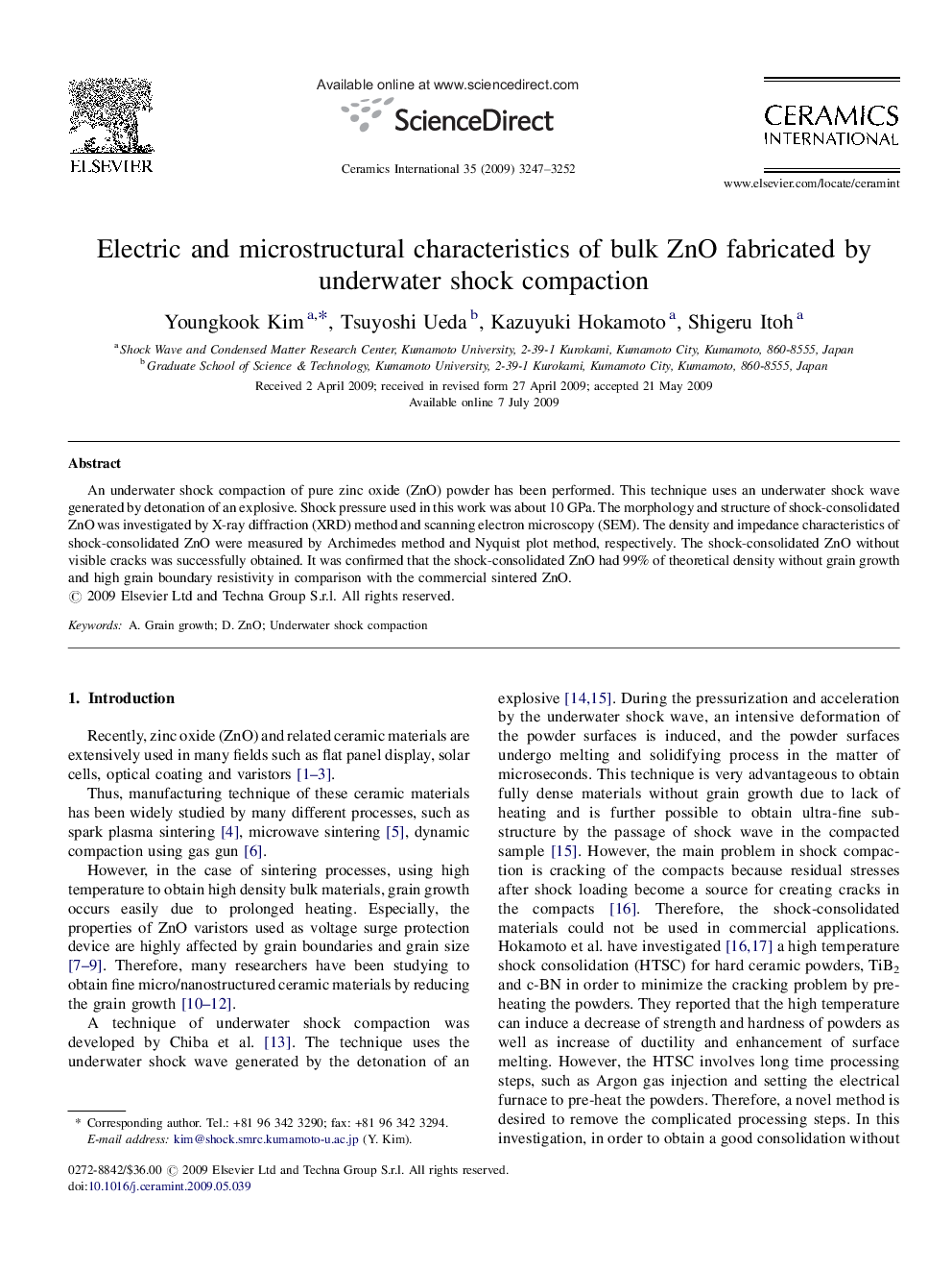 Electric and microstructural characteristics of bulk ZnO fabricated by underwater shock compaction