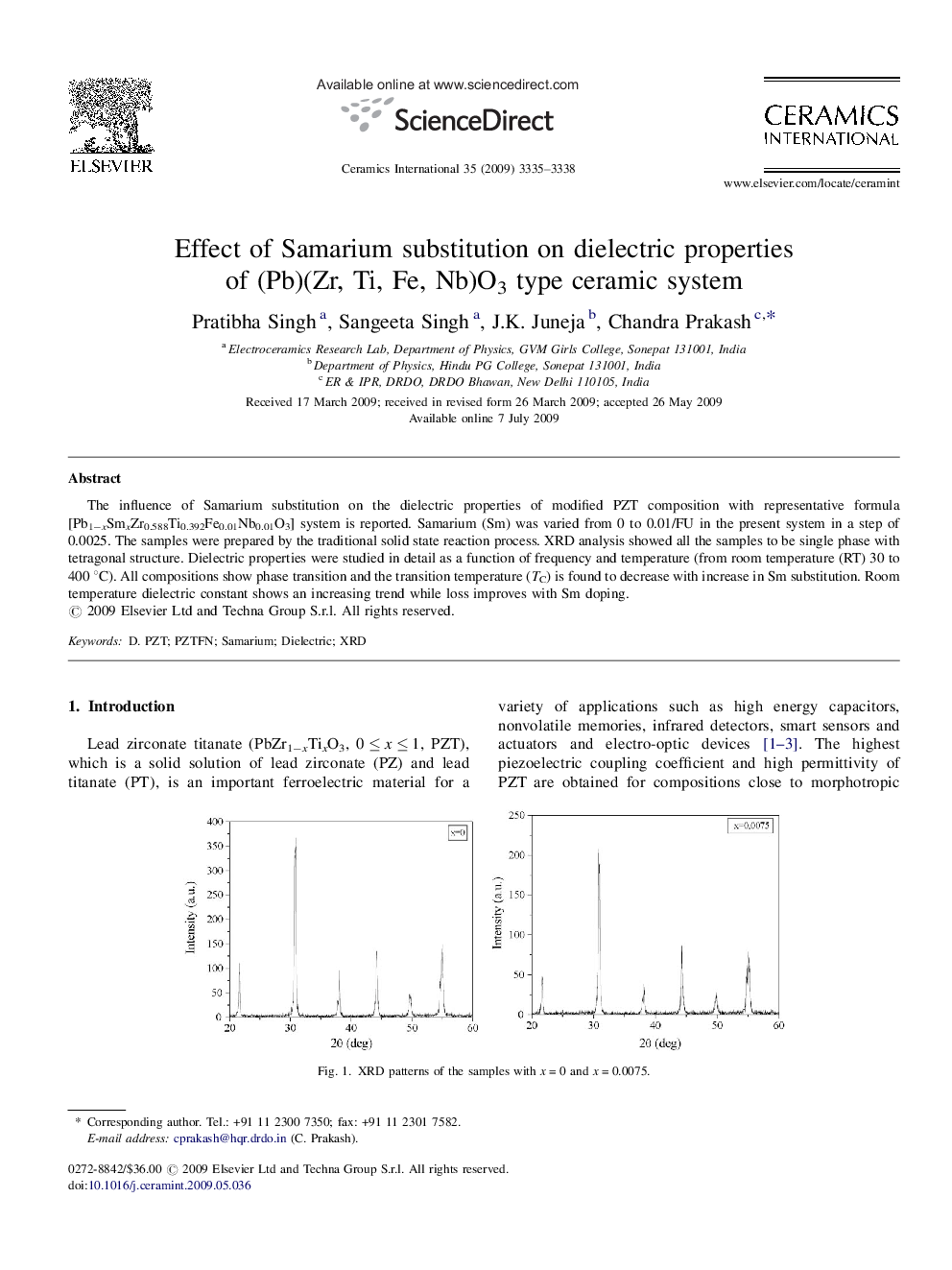 Effect of Samarium substitution on dielectric properties of (Pb)(Zr, Ti, Fe, Nb)O3 type ceramic system