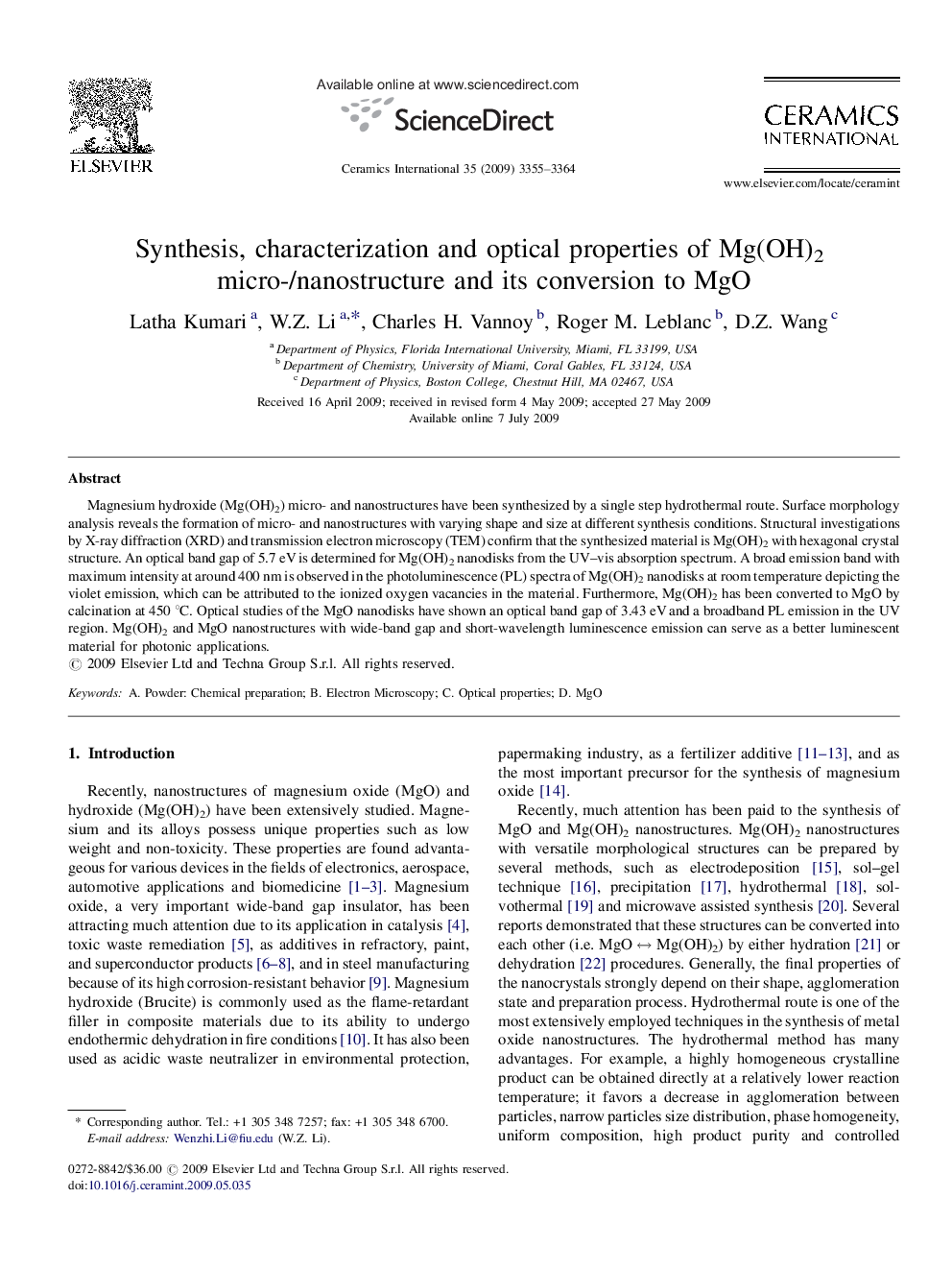 Synthesis, characterization and optical properties of Mg(OH)2 micro-/nanostructure and its conversion to MgO