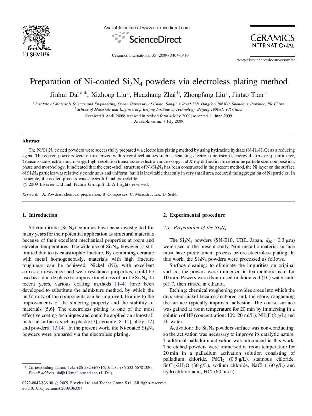 Preparation of Ni-coated Si3N4 powders via electroless plating method