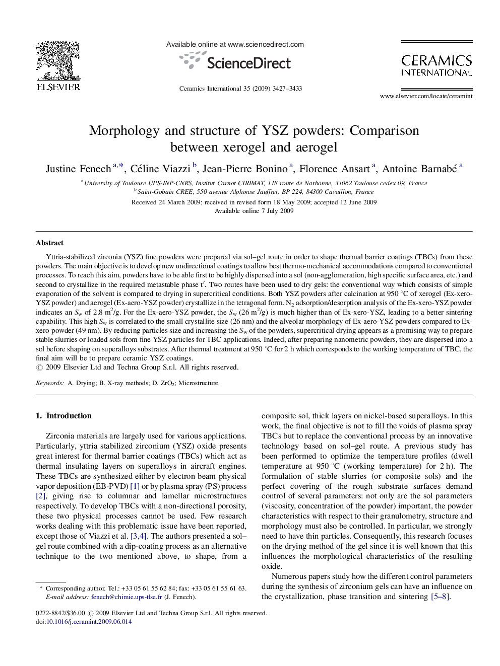 Morphology and structure of YSZ powders: Comparison between xerogel and aerogel
