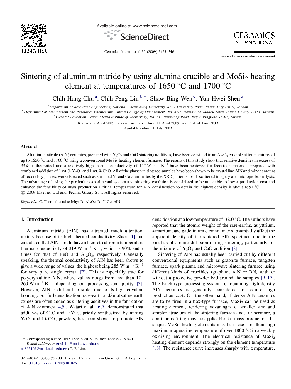 Sintering of aluminum nitride by using alumina crucible and MoSi2 heating element at temperatures of 1650 °C and 1700 °C