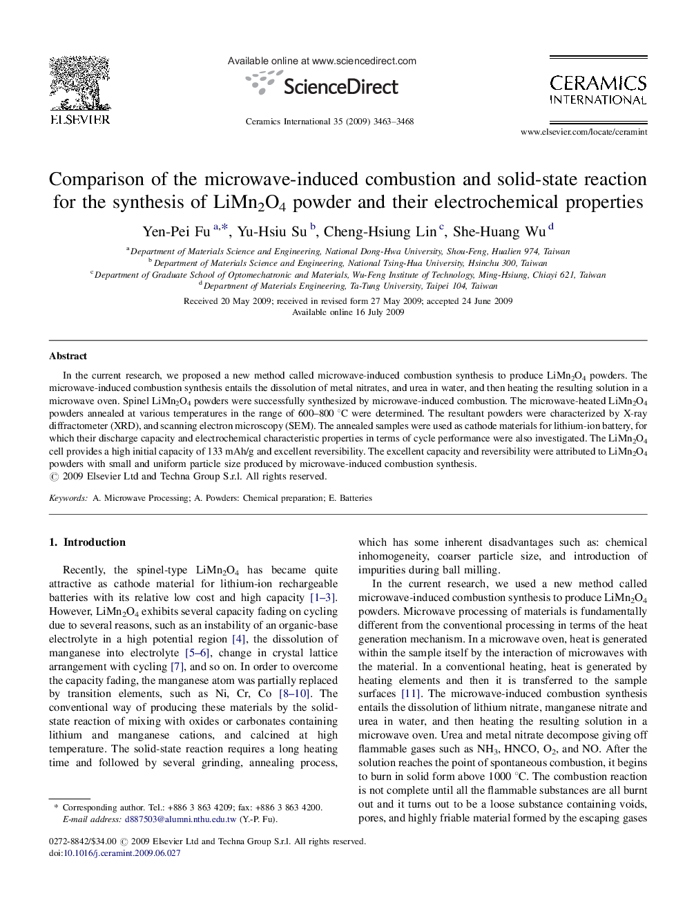 Comparison of the microwave-induced combustion and solid-state reaction for the synthesis of LiMn2O4 powder and their electrochemical properties