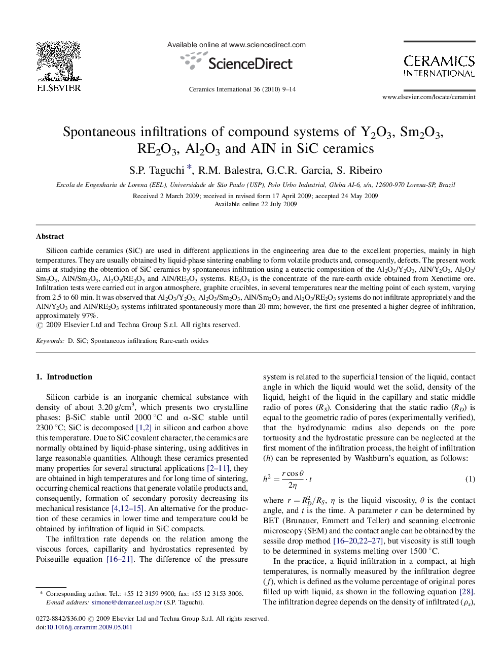 Spontaneous infiltrations of compound systems of Y2O3, Sm2O3, RE2O3, Al2O3 and AIN in SiC ceramics