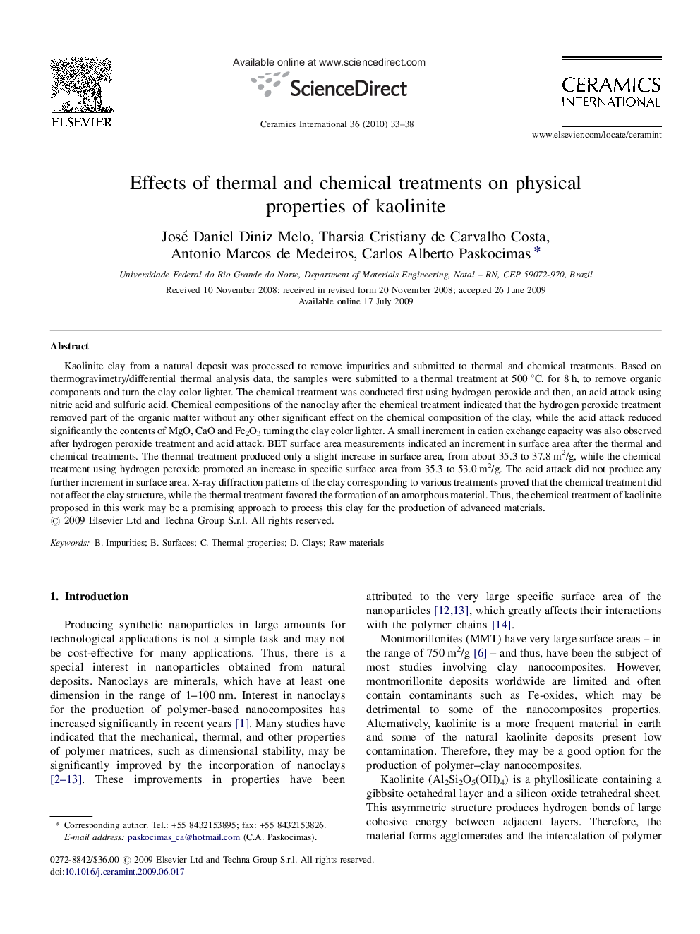 Effects of thermal and chemical treatments on physical properties of kaolinite