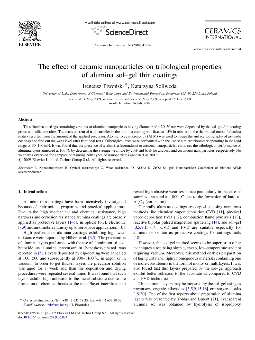 The effect of ceramic nanoparticles on tribological properties of alumina sol–gel thin coatings