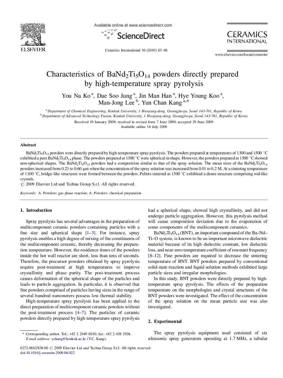 Characteristics of BaNd2Ti5O14 powders directly prepared by high-temperature spray pyrolysis