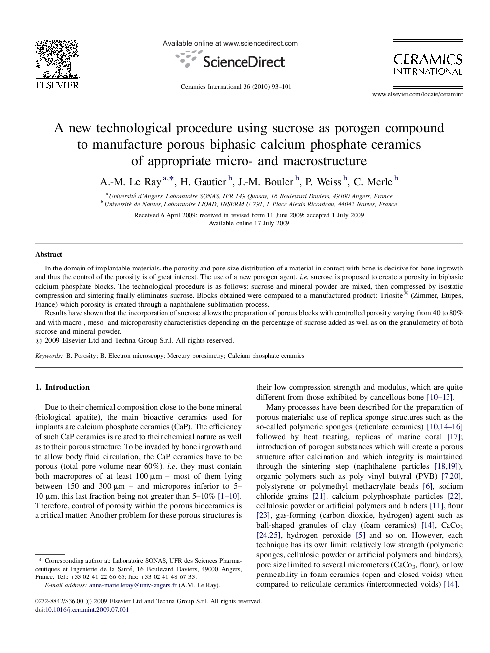 A new technological procedure using sucrose as porogen compound to manufacture porous biphasic calcium phosphate ceramics of appropriate micro- and macrostructure