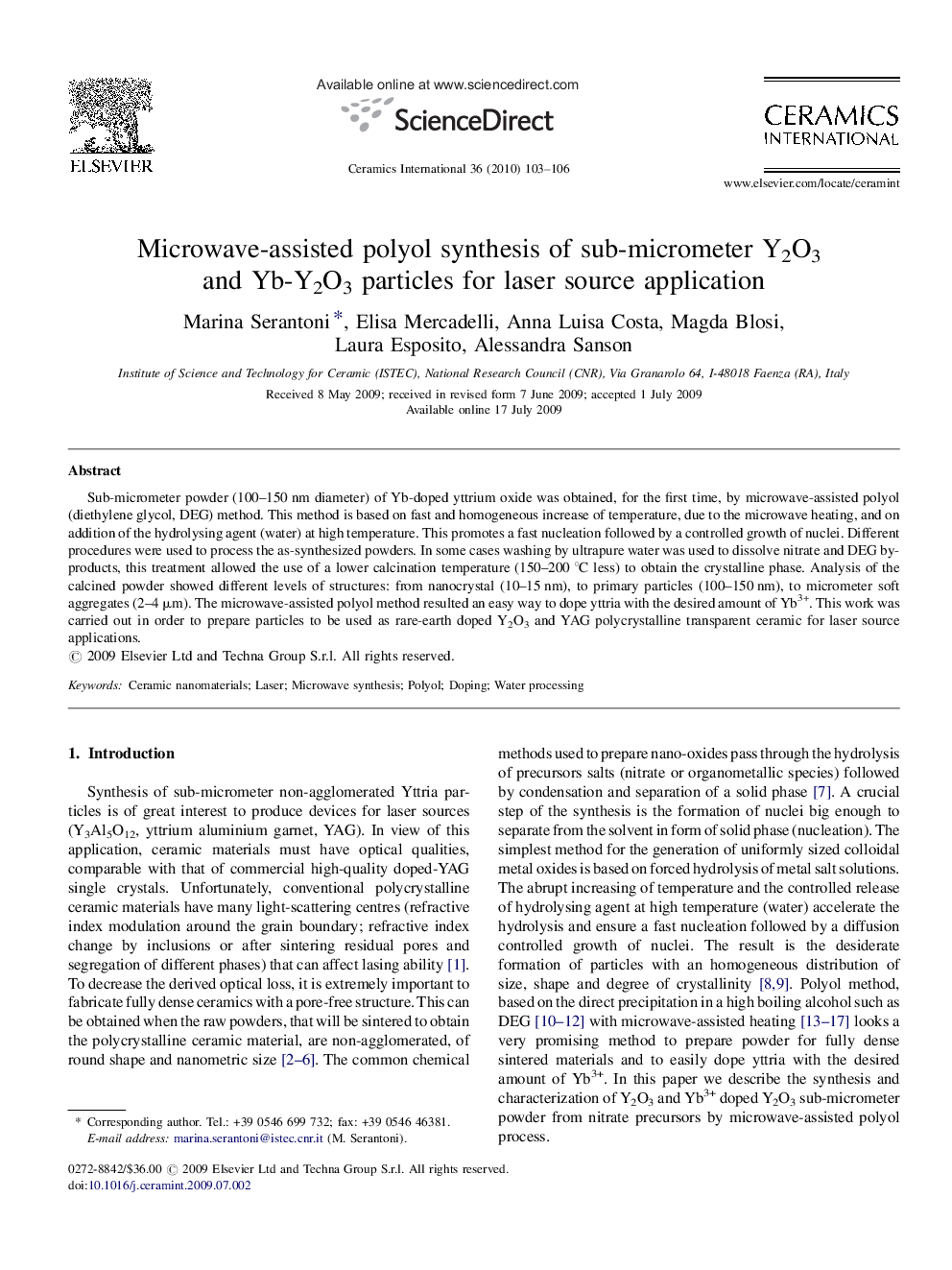 عکس صفحه اول مقاله: Microwave-assisted polyol synthesis of sub-micrometer Y2O3 and Yb-Y2O3 particles for laser source application Microwave-assisted polyol synthesis of sub-micrometer Y2O3 and Yb-Y2O3 particles for laser source application