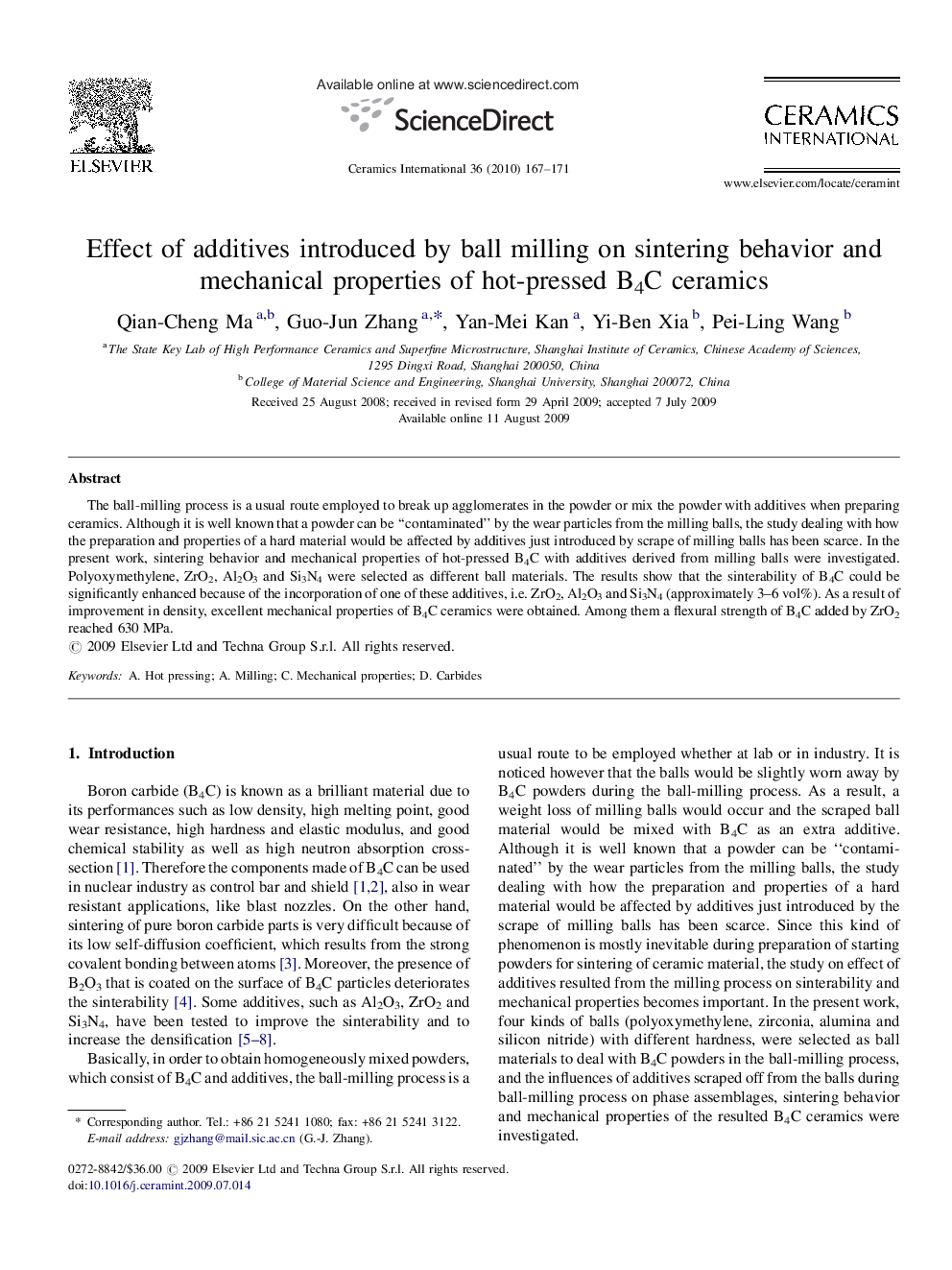 عکس صفحه اول مقاله: Effect of additives introduced by ball milling on sintering behavior and mechanical properties of hot-pressed B4C ceramics Effect of additives introduced by ball milling on sintering behavior and mechanical properties of hot-pressed B4C ceramics