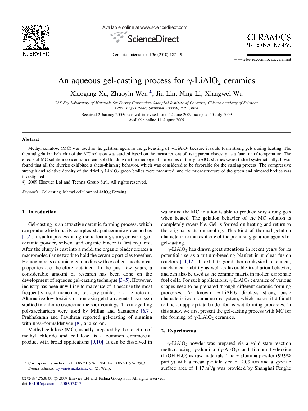 An aqueous gel-casting process for γ-LiAlO2 ceramics