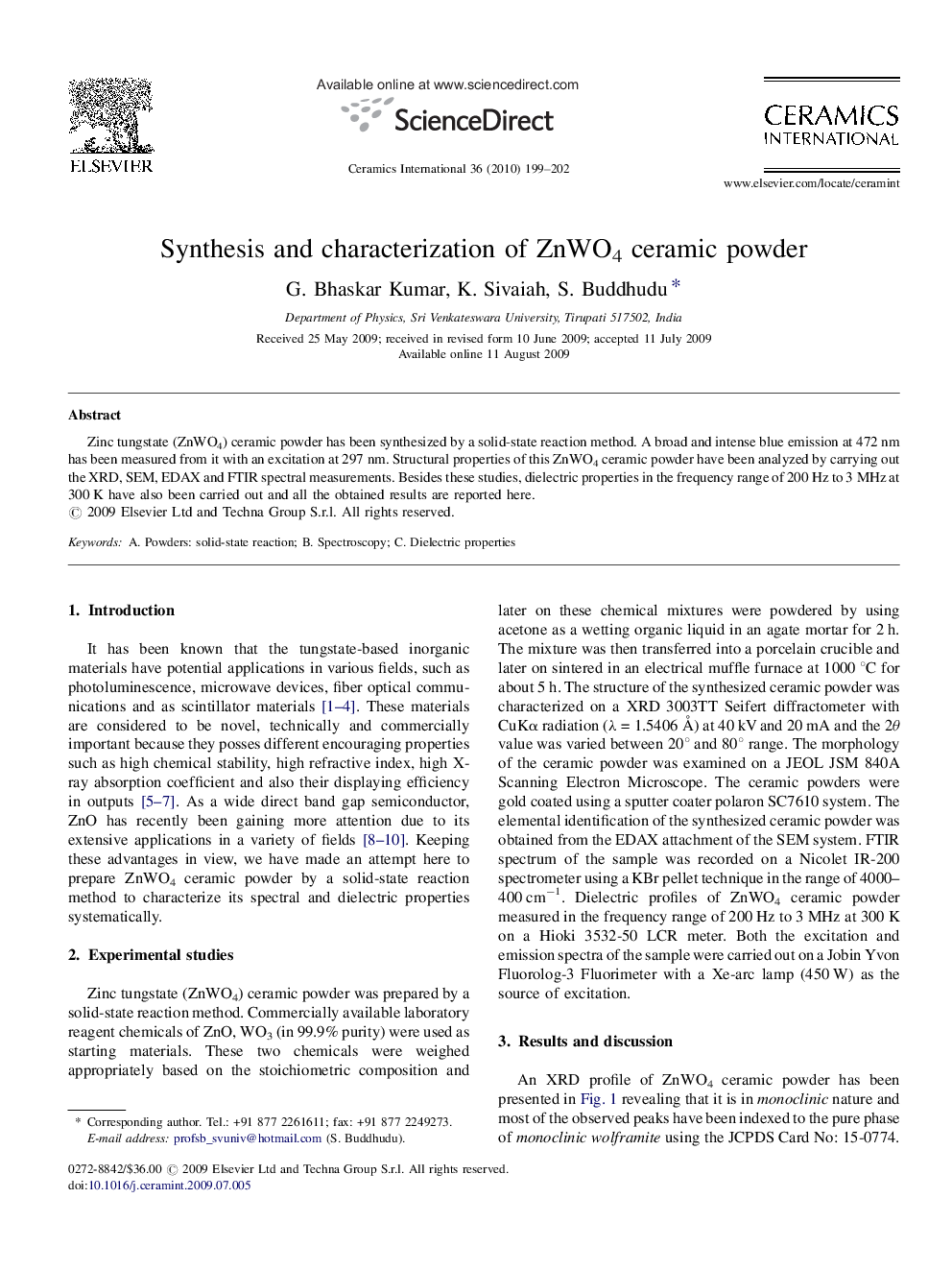 Synthesis and characterization of ZnWO4 ceramic powder