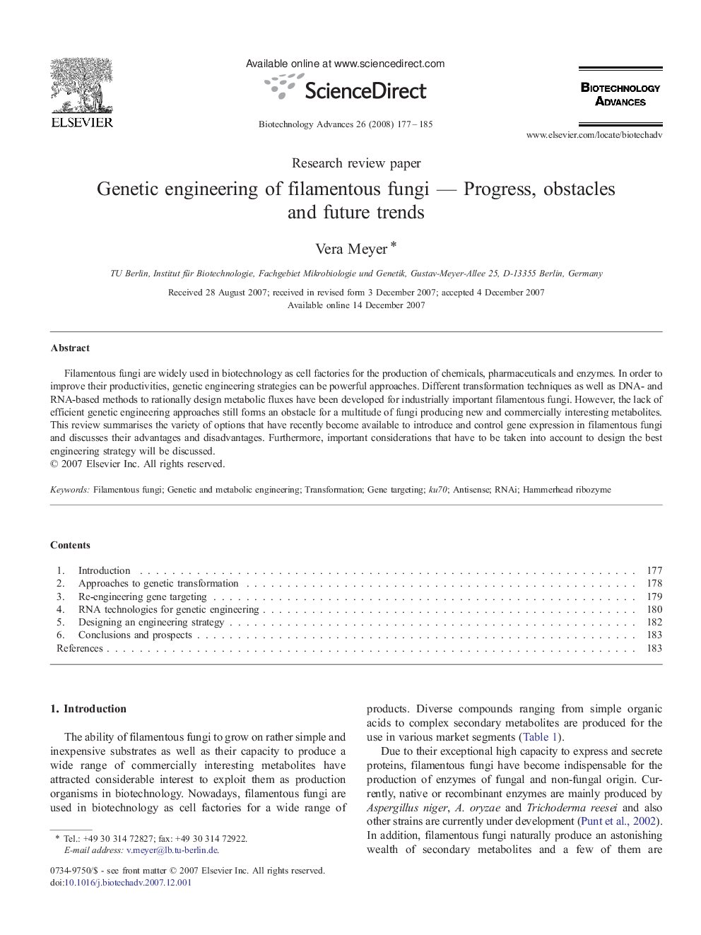 Genetic engineering of filamentous fungi — Progress, obstacles and future trends