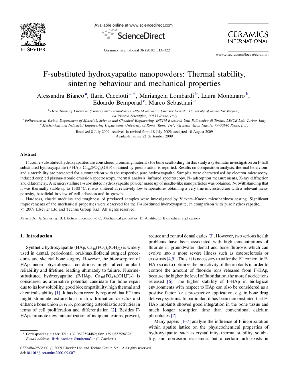 F-substituted hydroxyapatite nanopowders: Thermal stability, sintering behaviour and mechanical properties