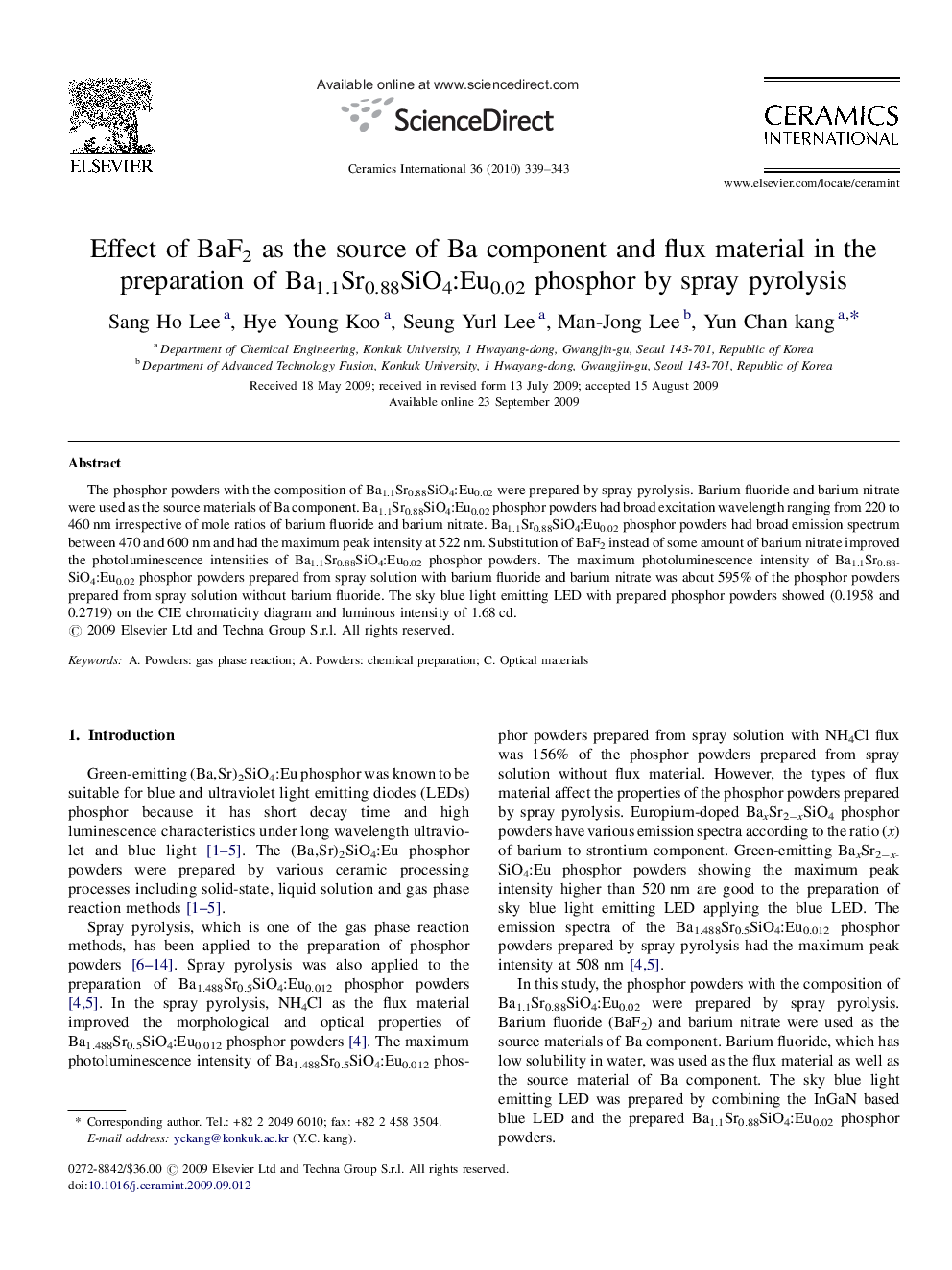 Effect of BaF2 as the source of Ba component and flux material in the preparation of Ba1.1Sr0.88SiO4:Eu0.02 phosphor by spray pyrolysis