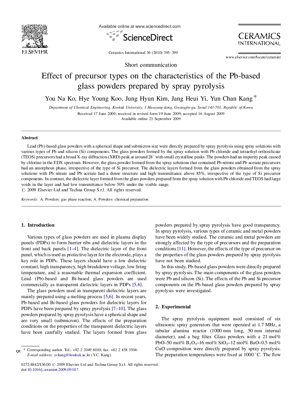 Effect of precursor types on the characteristics of the Pb-based glass powders prepared by spray pyrolysis