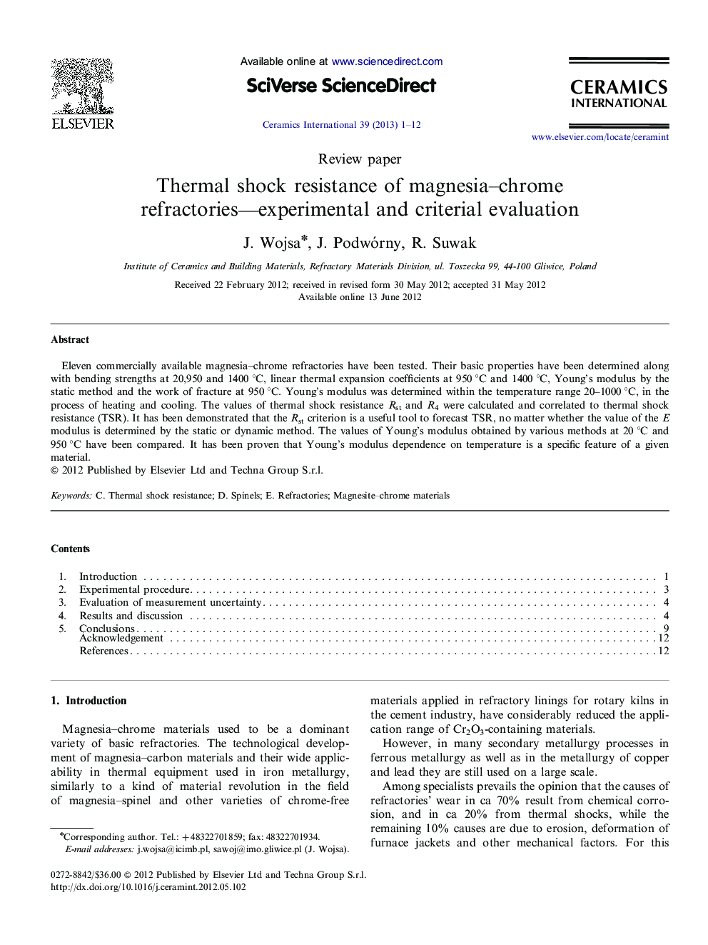 Thermal shock resistance of magnesia–chrome refractories—experimental and criterial evaluation