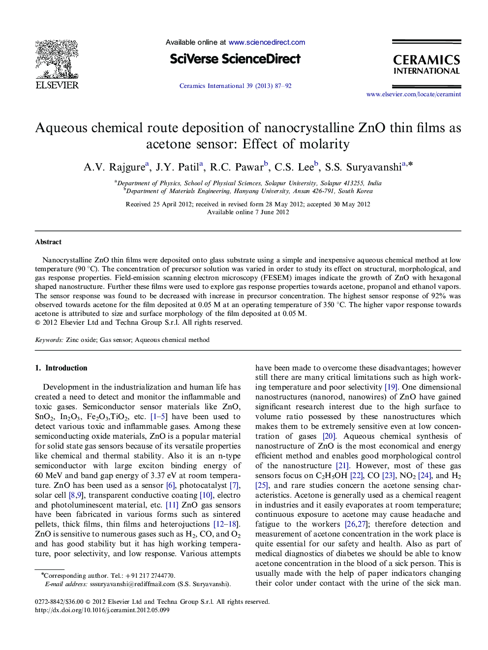 Aqueous chemical route deposition of nanocrystalline ZnO thin films as acetone sensor: Effect of molarity