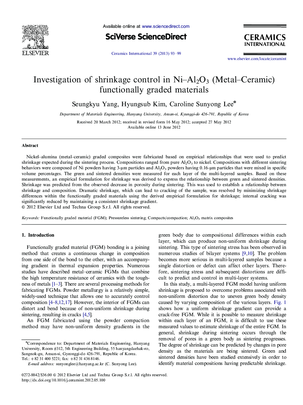 Investigation of shrinkage control in Ni–Al2O3 (Metal–Ceramic) functionally graded materials