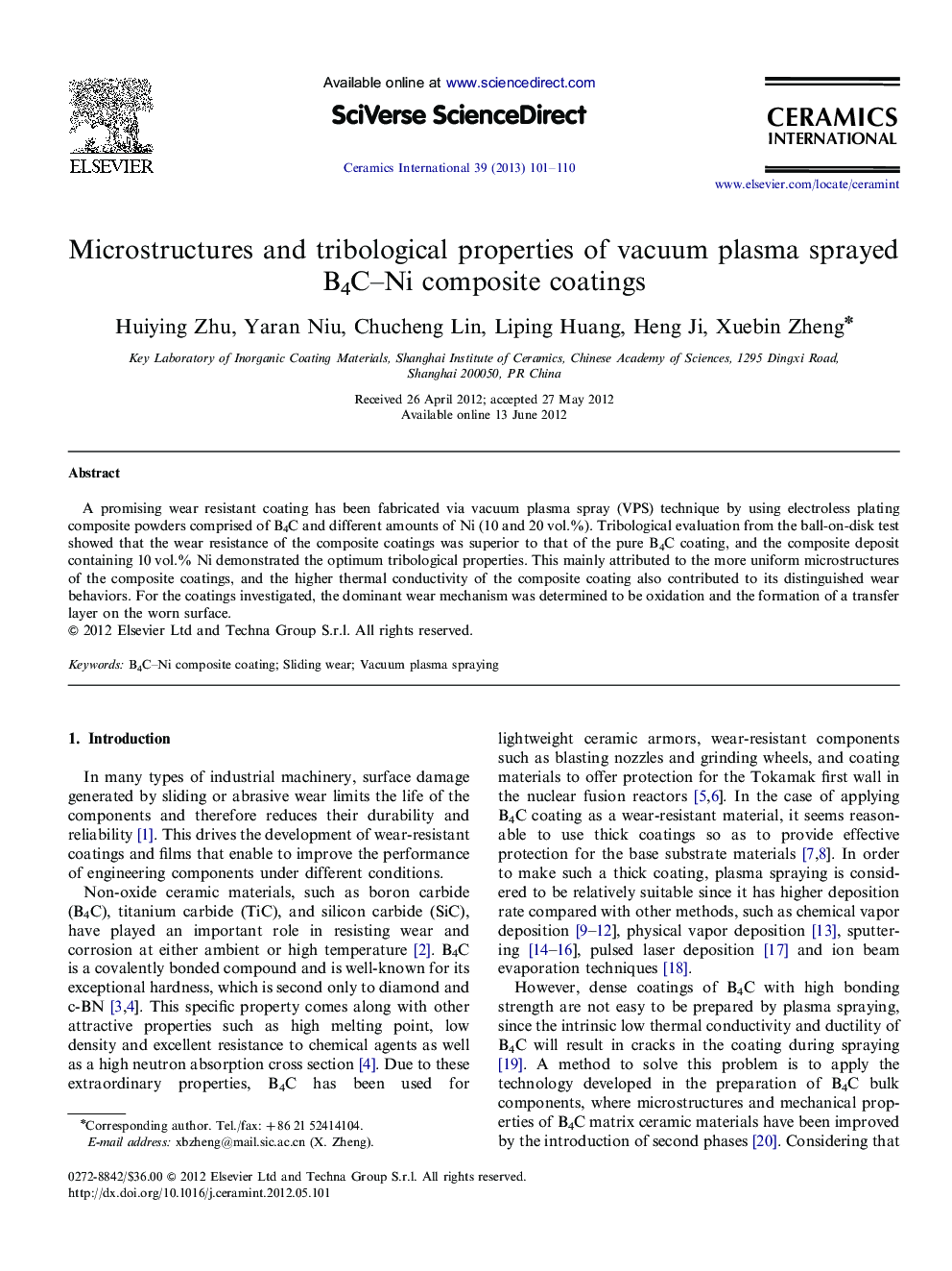 Microstructures and tribological properties of vacuum plasma sprayed B4C–Ni composite coatings