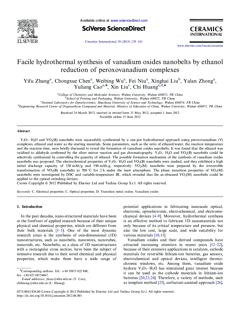 Facile hydrothermal synthesis of vanadium oxides nanobelts by ethanol reduction of peroxovanadium complexes