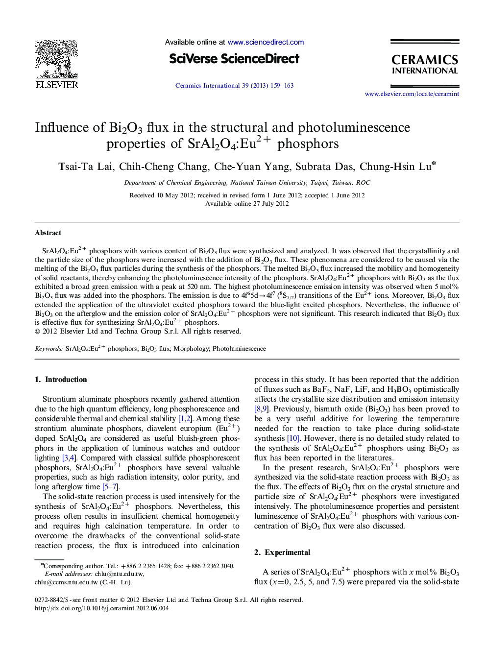 عکس صفحه اول مقاله: Influence of Bi2O3 flux in the structural and photoluminescence properties of SrAl2O4:Eu2+ phosphors Influence of Bi2O3 flux in the structural and photoluminescence properties of SrAl2O4:Eu2+ phosphors
