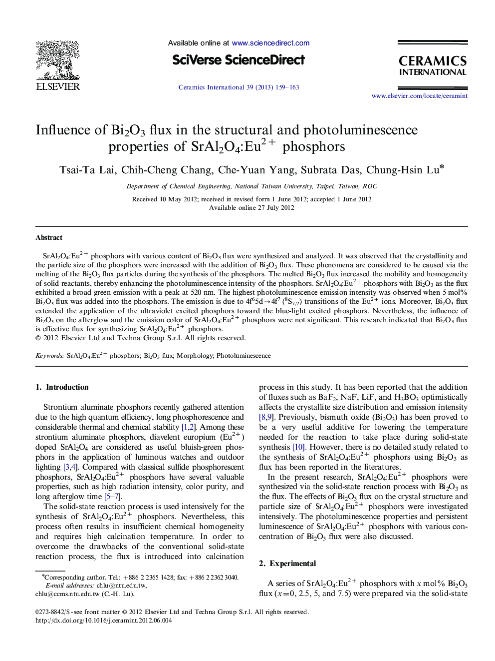 Influence of Bi2O3 ﬂux in the structural and photoluminescence properties of SrAl2O4:Eu2+ phosphors