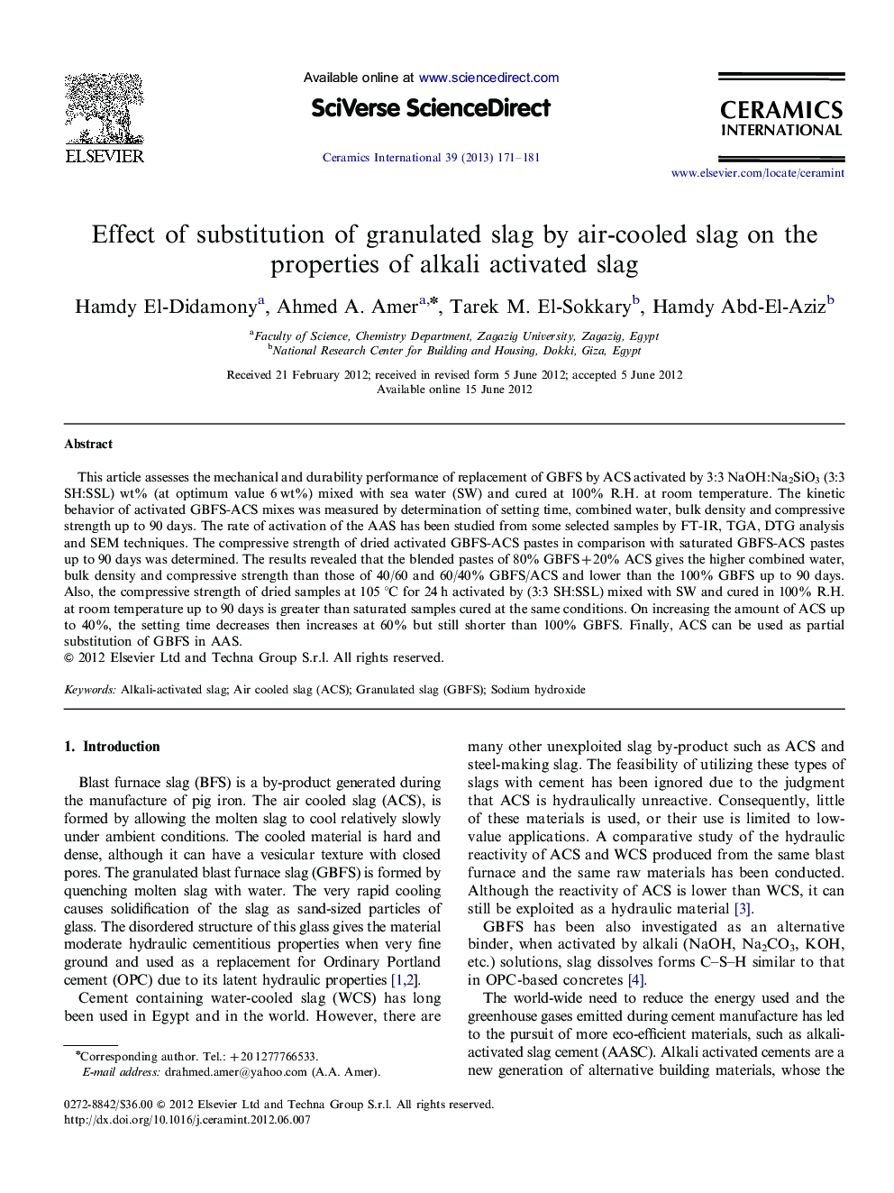 Effect of substitution of granulated slag by air-cooled slag on the properties of alkali activated slag