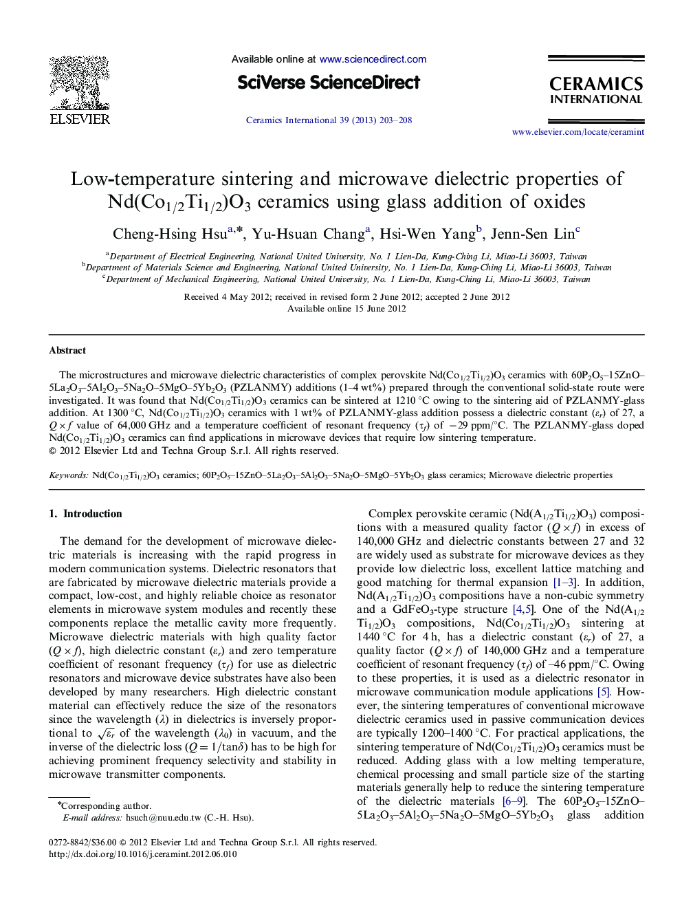 Low-temperature sintering and microwave dielectric properties of Nd(Co1/2Ti1/2)O3 ceramics using glass addition of oxides