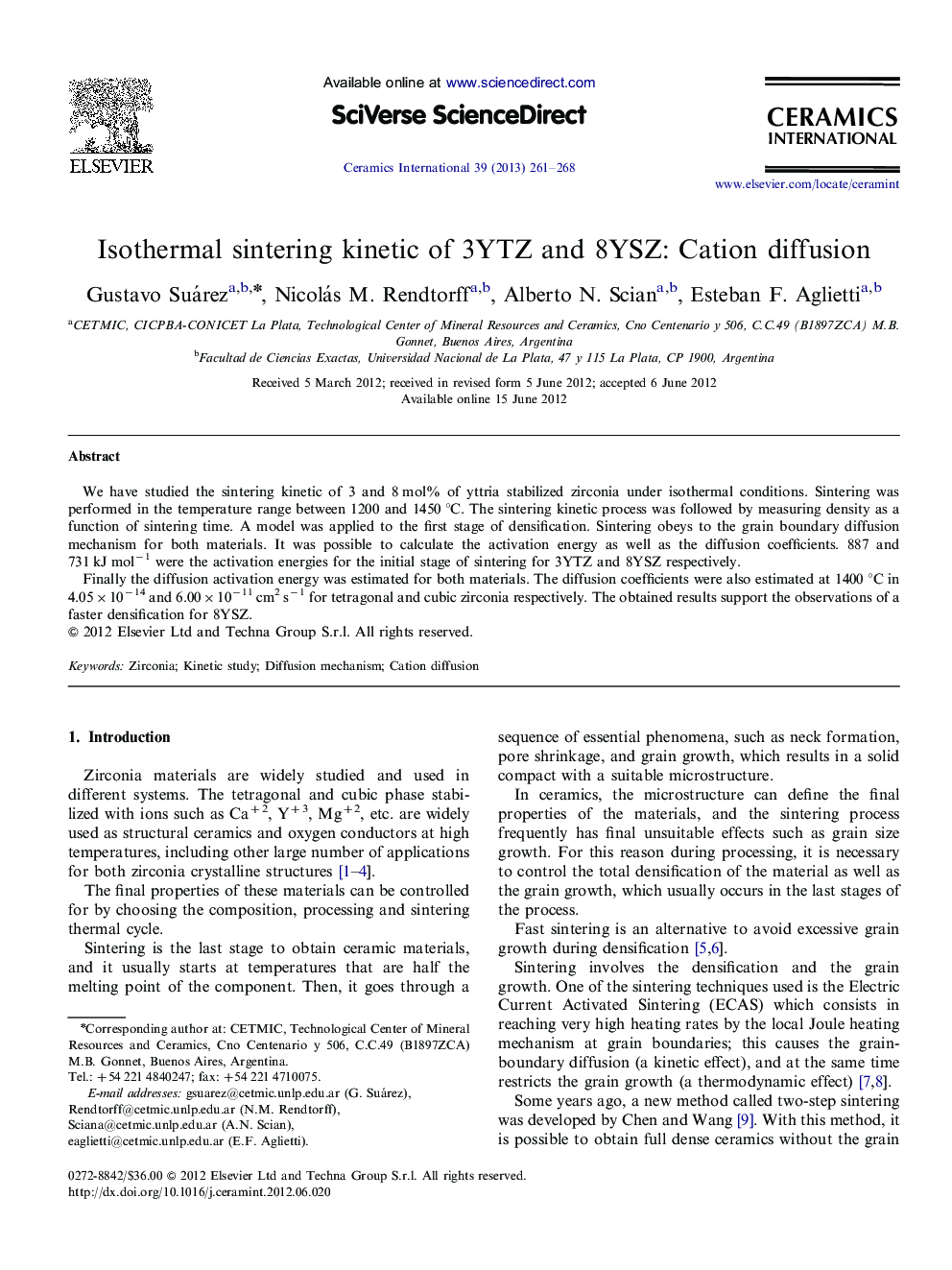Isothermal sintering kinetic of 3YTZ and 8YSZ: Cation diffusion