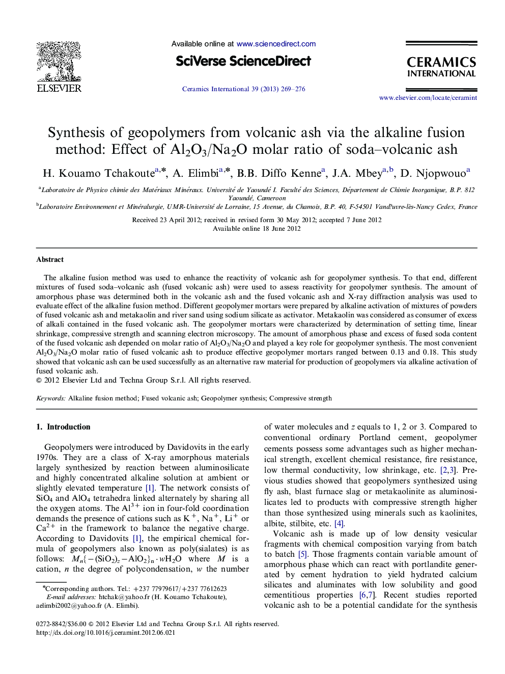 Synthesis of geopolymers from volcanic ash via the alkaline fusion method: Effect of Al2O3/Na2O molar ratio of soda–volcanic ash