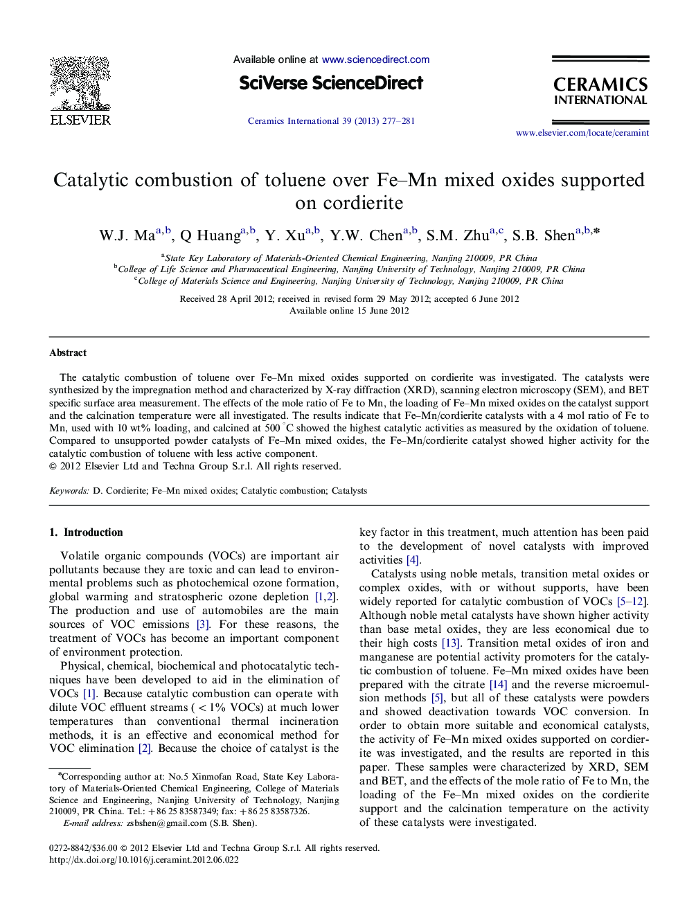Catalytic combustion of toluene over Fe–Mn mixed oxides supported on cordierite