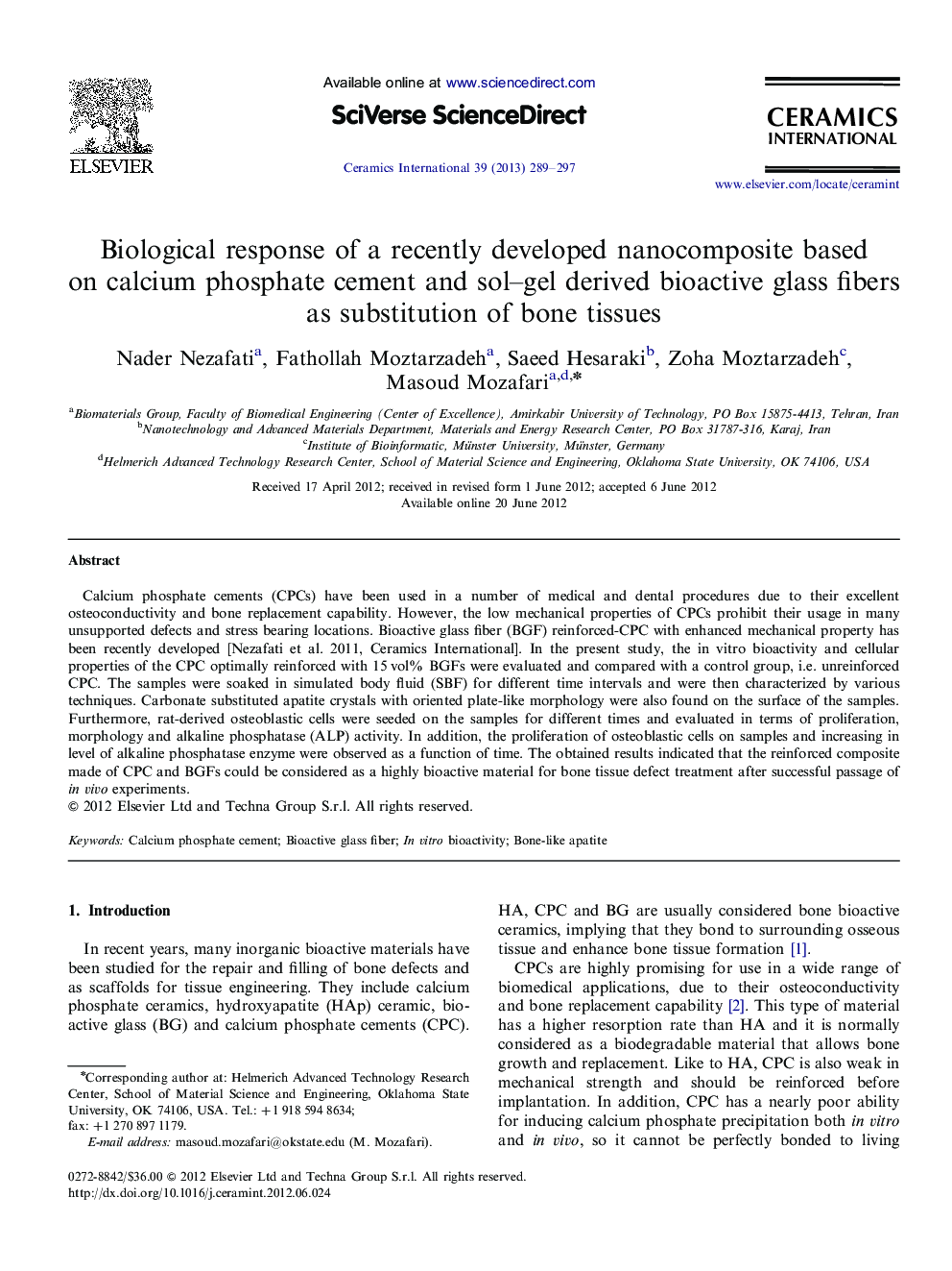 Biological response of a recently developed nanocomposite based on calcium phosphate cement and sol–gel derived bioactive glass fibers as substitution of bone tissues