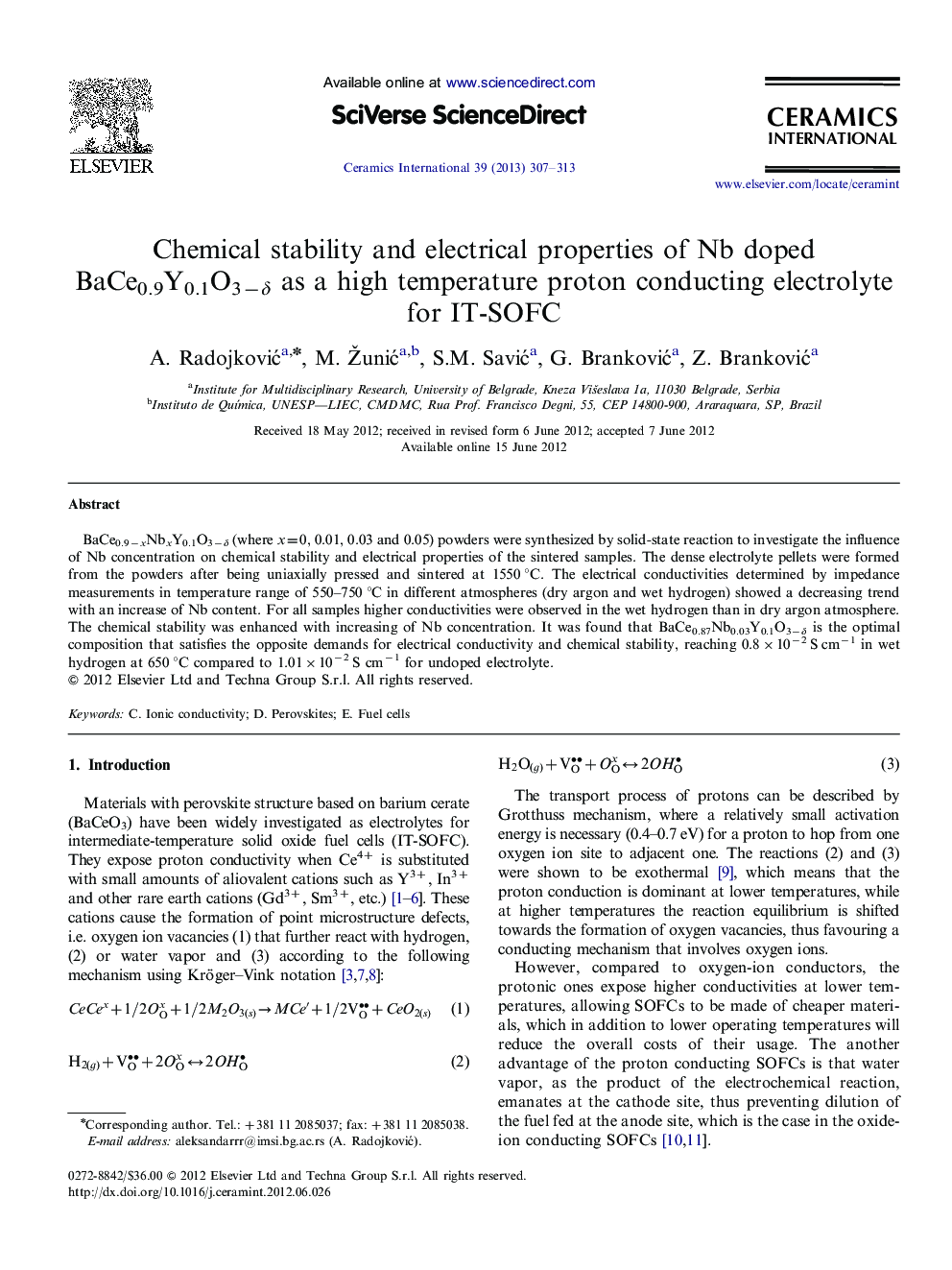 Chemical stability and electrical properties of Nb doped BaCe0.9Y0.1O3−δ as a high temperature proton conducting electrolyte for IT-SOFC
