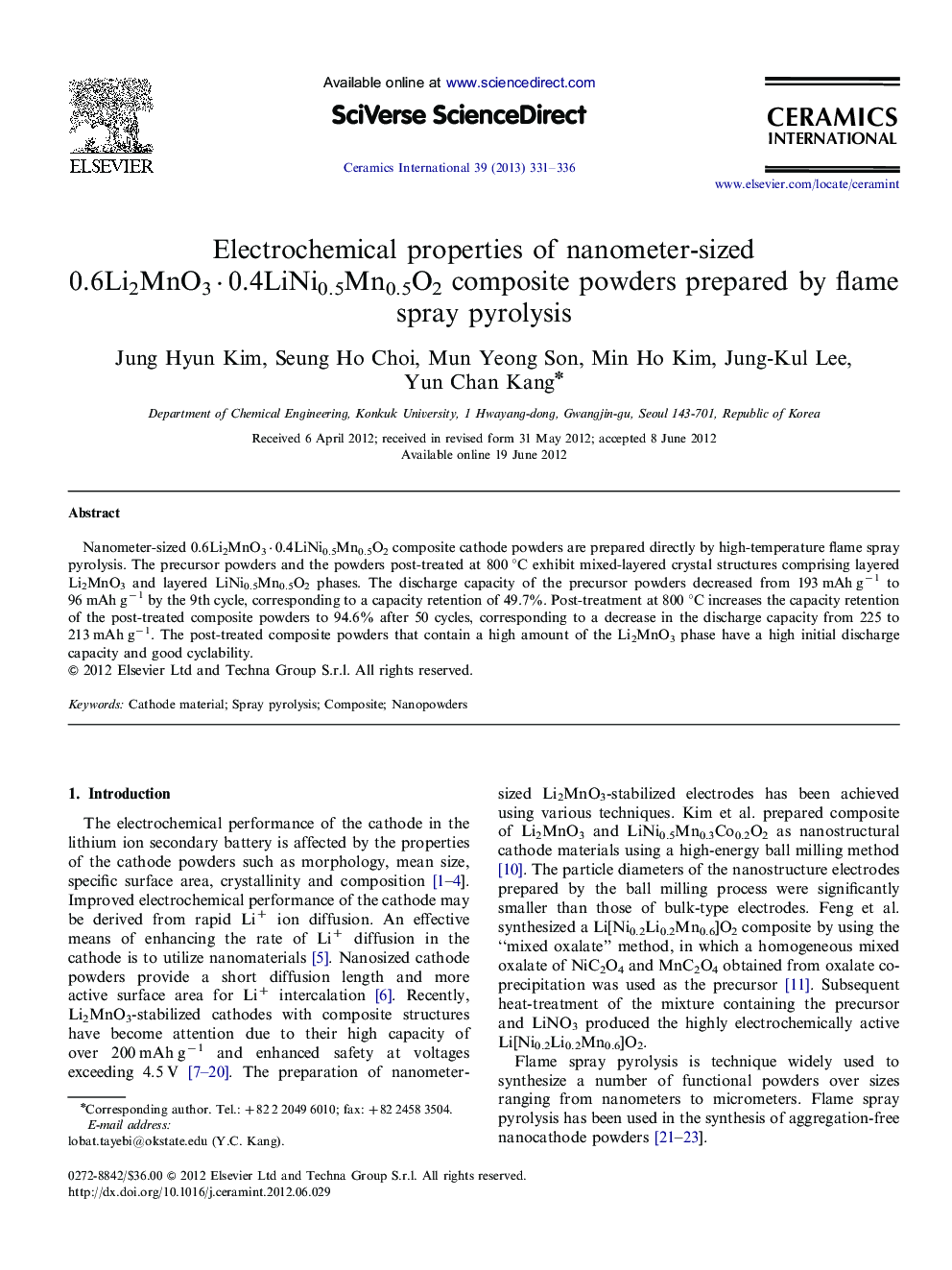 Electrochemical properties of nanometer-sized 0.6Li2MnO3·0.4LiNi0.5Mn0.5O2 composite powders prepared by flame spray pyrolysis