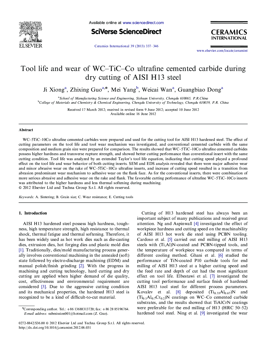 Tool life and wear of WC–TiC–Co ultrafine cemented carbide during dry cutting of AISI H13 steel