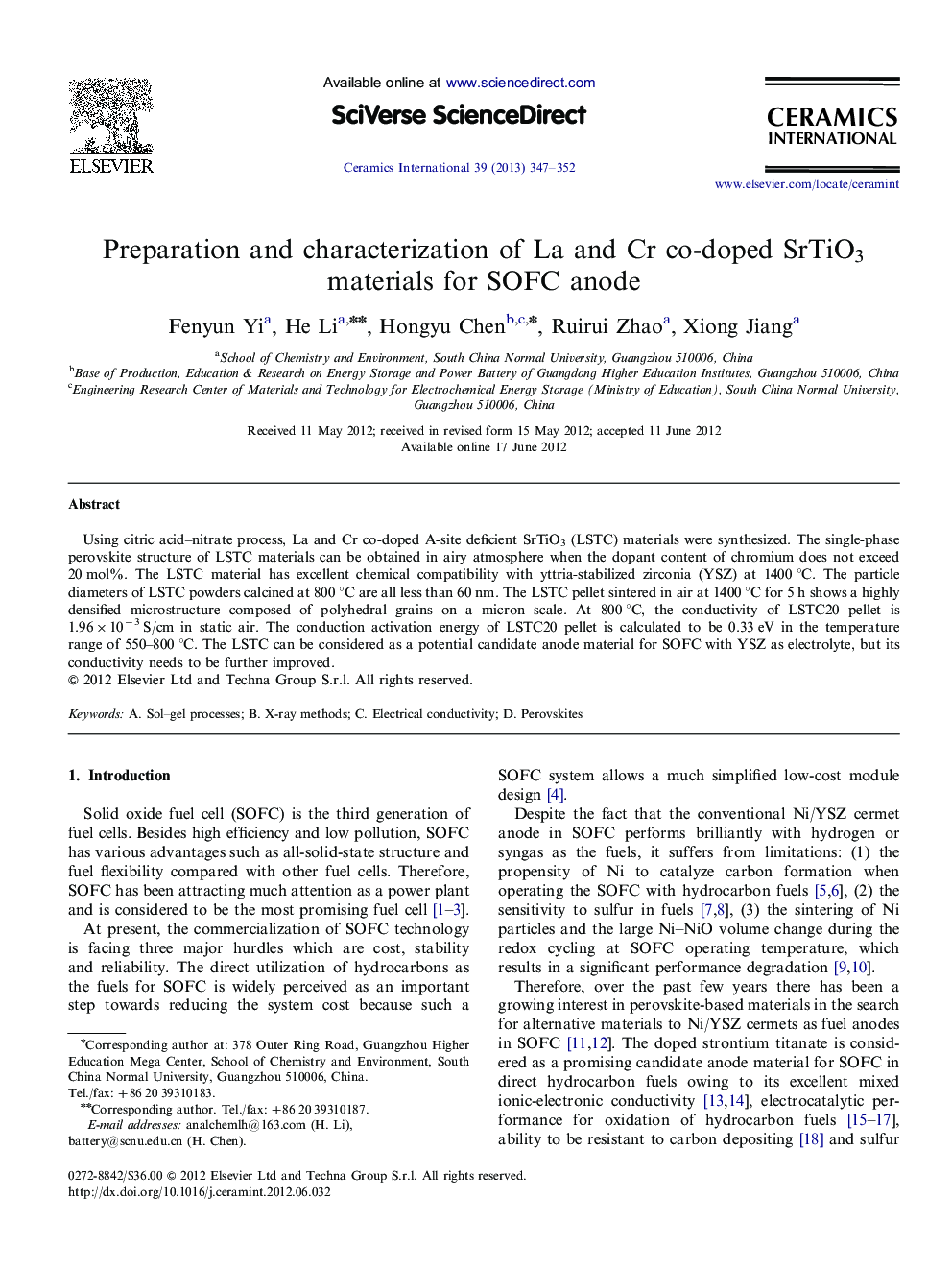 Preparation and characterization of La and Cr co-doped SrTiO3 materials for SOFC anode