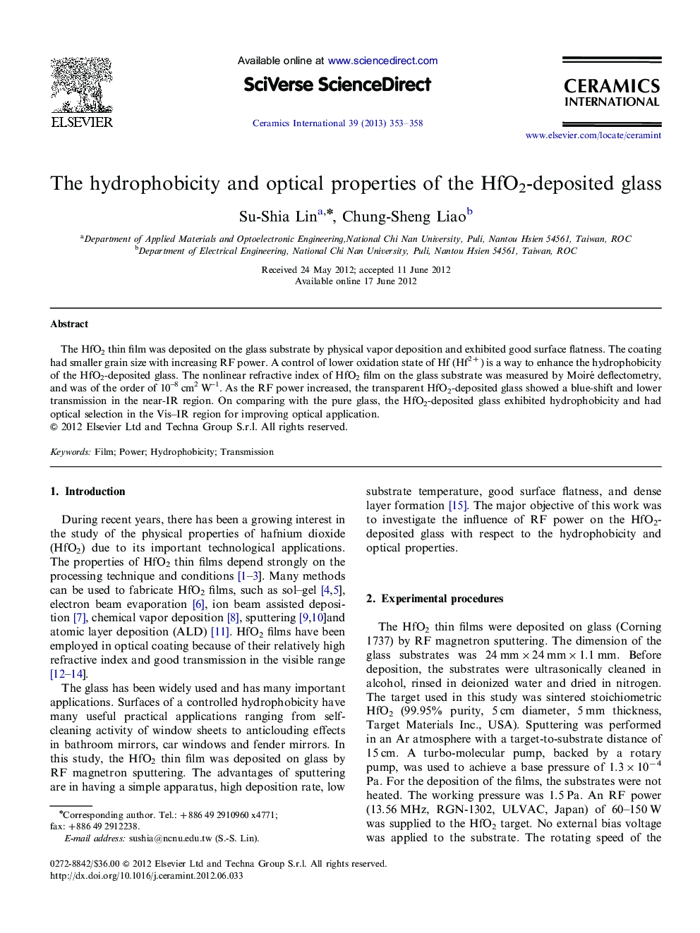 The hydrophobicity and optical properties of the HfO2-deposited glass