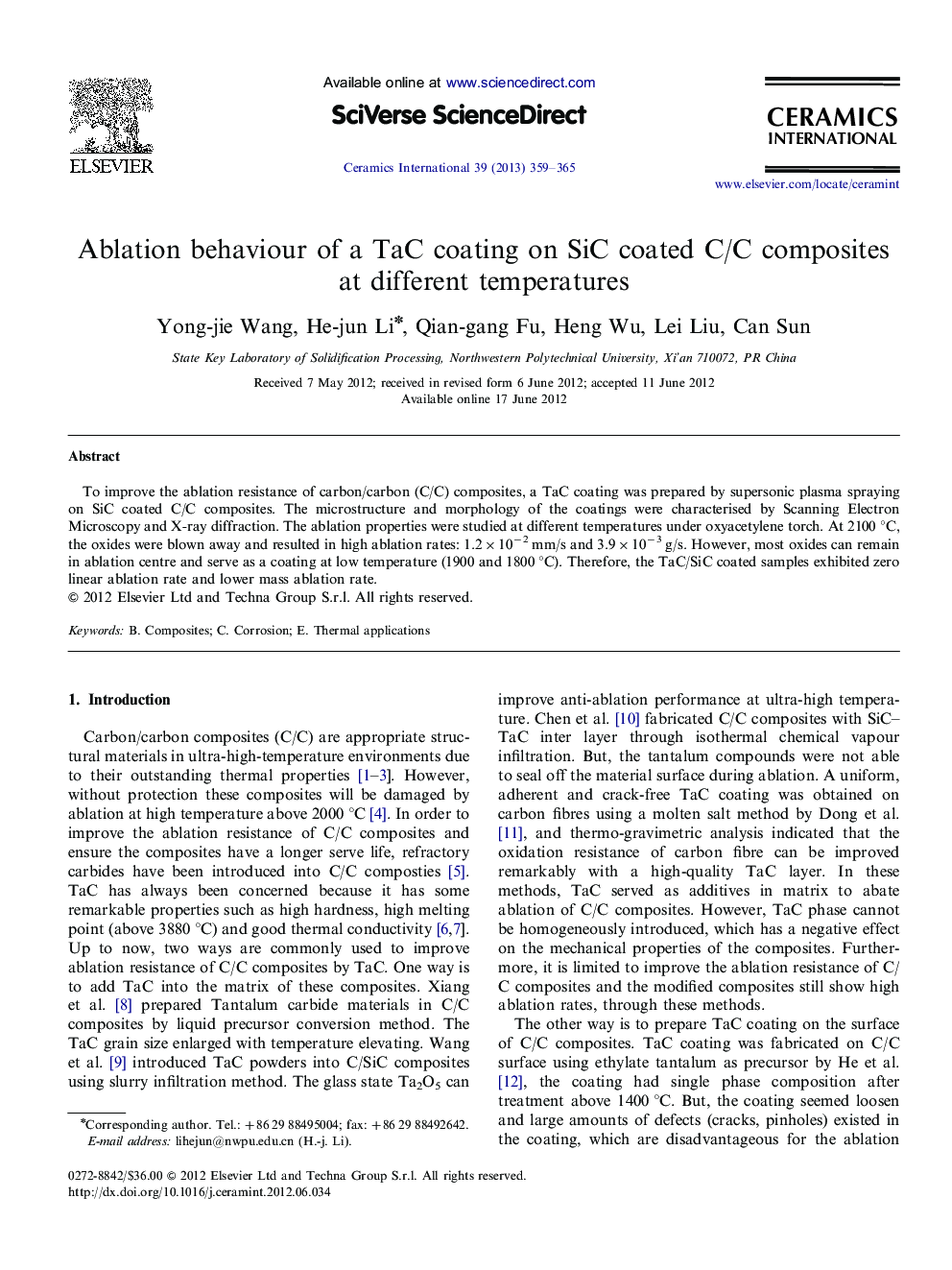Ablation behaviour of a TaC coating on SiC coated C/C composites at different temperatures