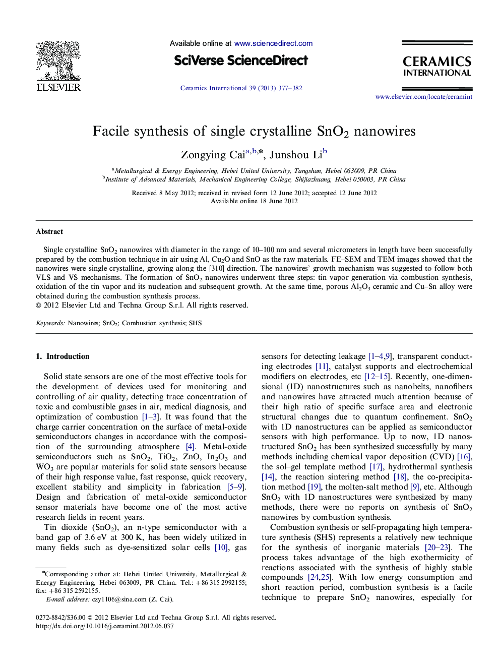 Facile synthesis of single crystalline SnO2 nanowires