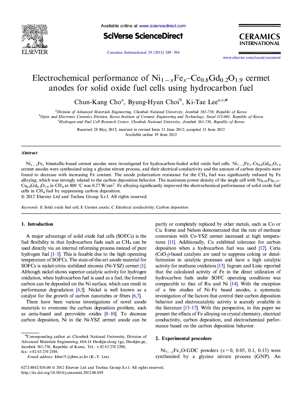 Electrochemical performance of Ni1−xFex–Ce0.8Gd0.2O1.9 cermet anodes for solid oxide fuel cells using hydrocarbon fuel