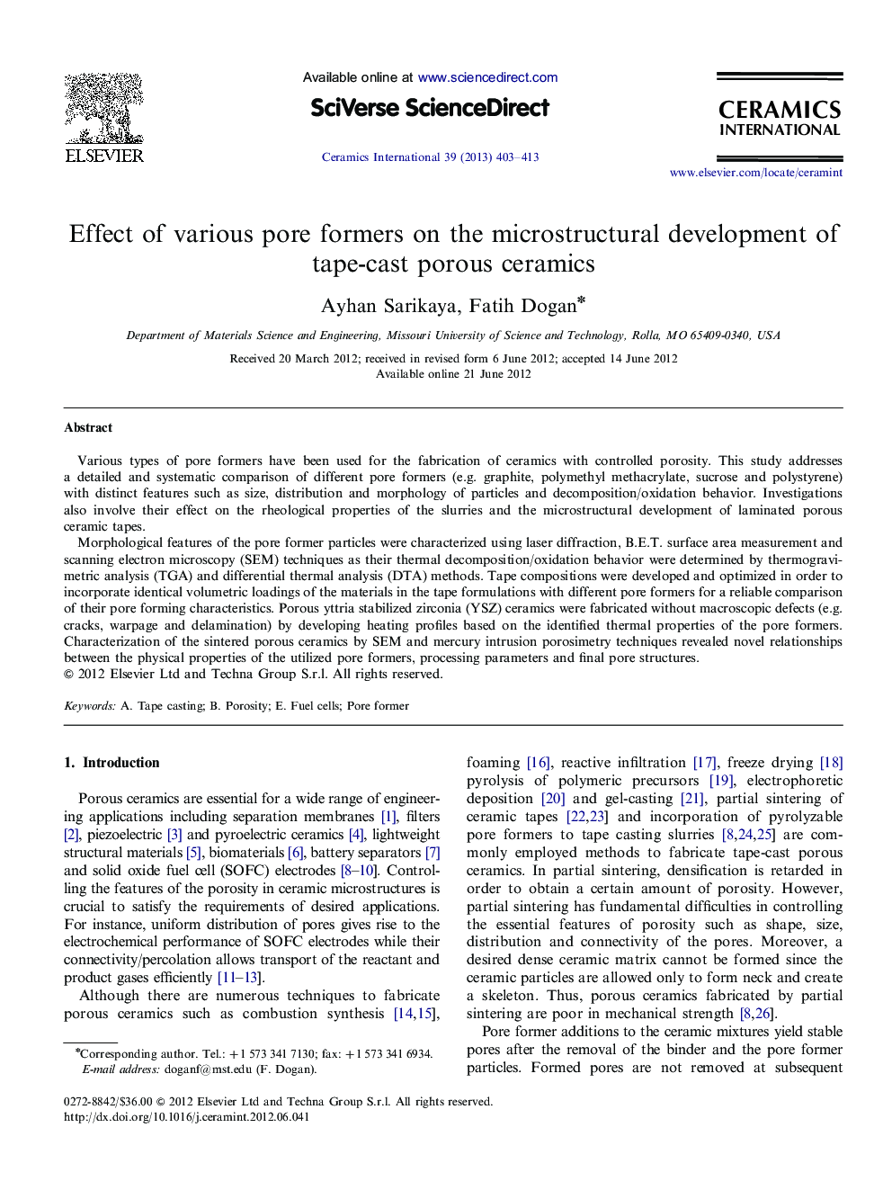 Effect of various pore formers on the microstructural development of tape-cast porous ceramics