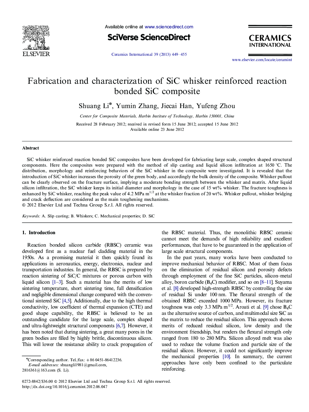 Fabrication and characterization of SiC whisker reinforced reaction bonded SiC composite