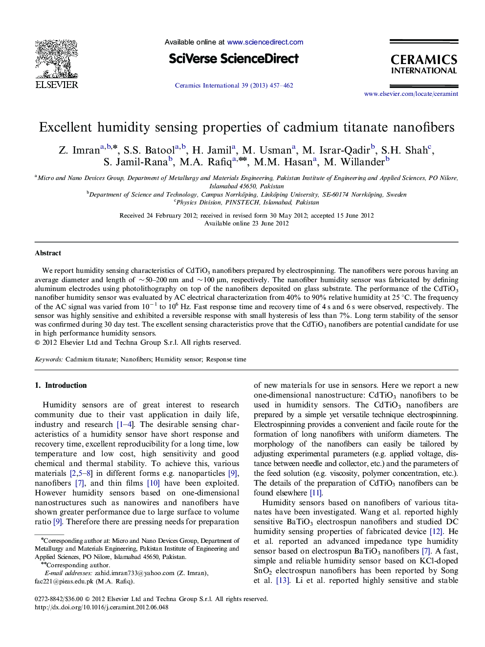 Excellent humidity sensing properties of cadmium titanate nanofibers